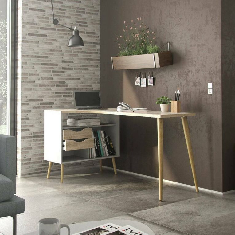 Scrivania lineare bianca e quercia 145x81cm con 2 cassetti - Katherine