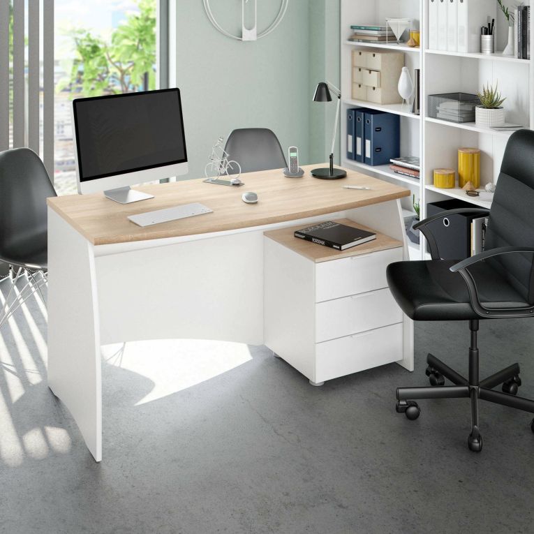 Scrivania lineare bianca e rovere 136x67cm con 3 cassetti - Azziz