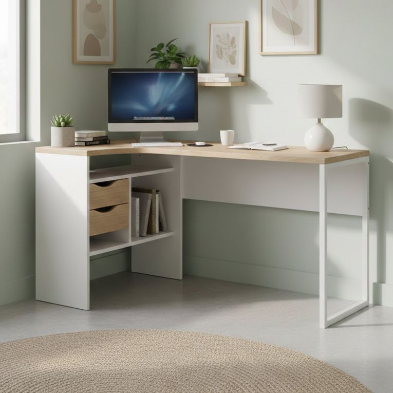 Scrivania lineare bianca e rovere 145x81cm con 2 cassetti - Moire