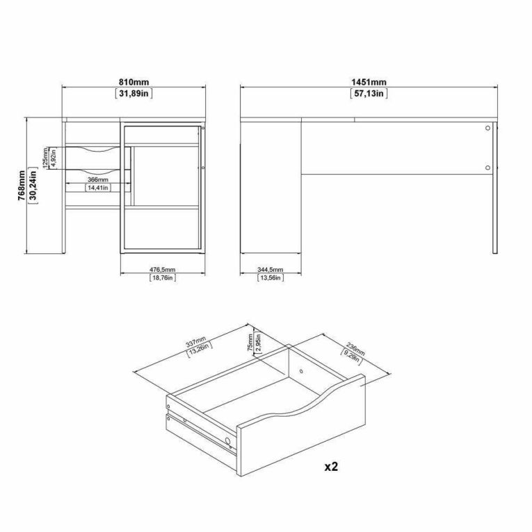 Scrivania lineare bianca e rovere 145x81cm con 2 cassetti - Moire