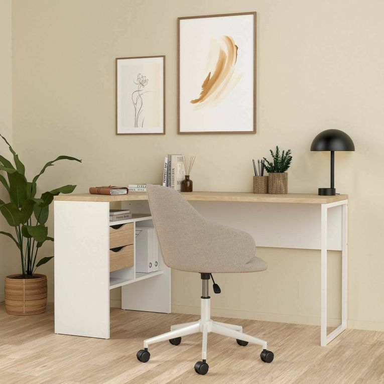 Scrivania lineare bianca e rovere 145x81cm con 2 cassetti - Moire