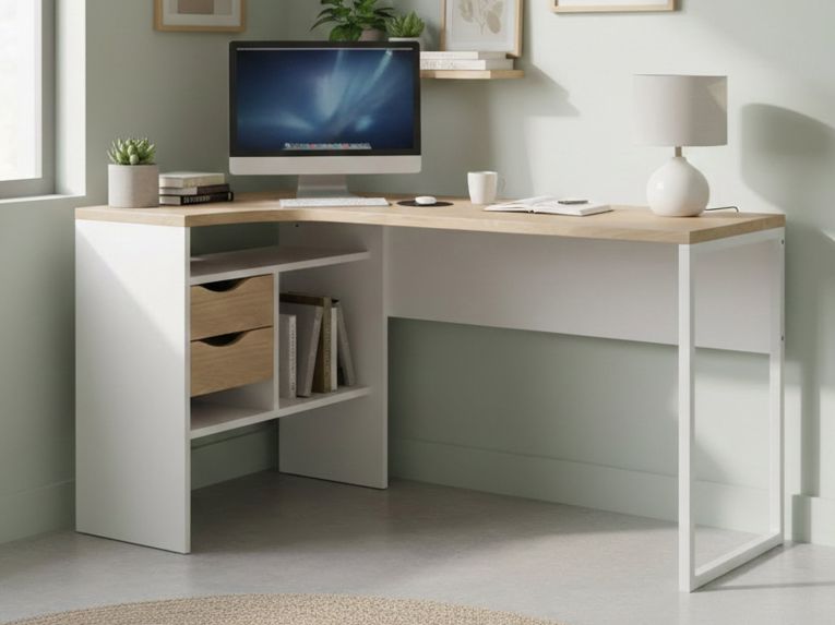 Scrivania lineare bianca e rovere 145x81cm con 2 cassetti - Moire