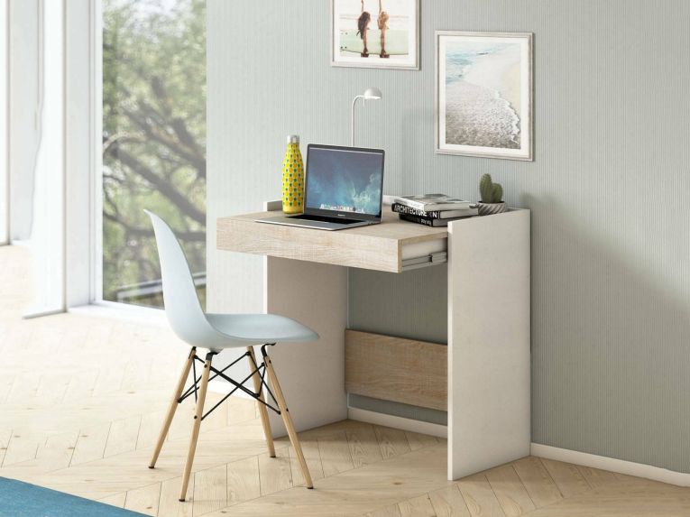 Scrivania lineare bianca e rovere 80x40cm con 1 cassetto - Adri