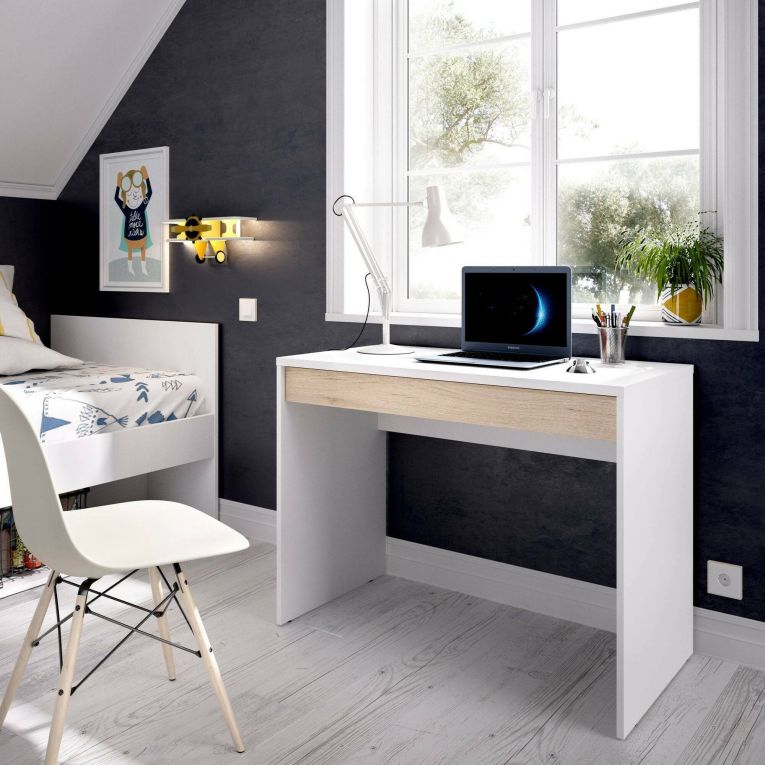 Scrivania lineare bianca e rovere 89x49cm con 1 cassetto - Affiniti
