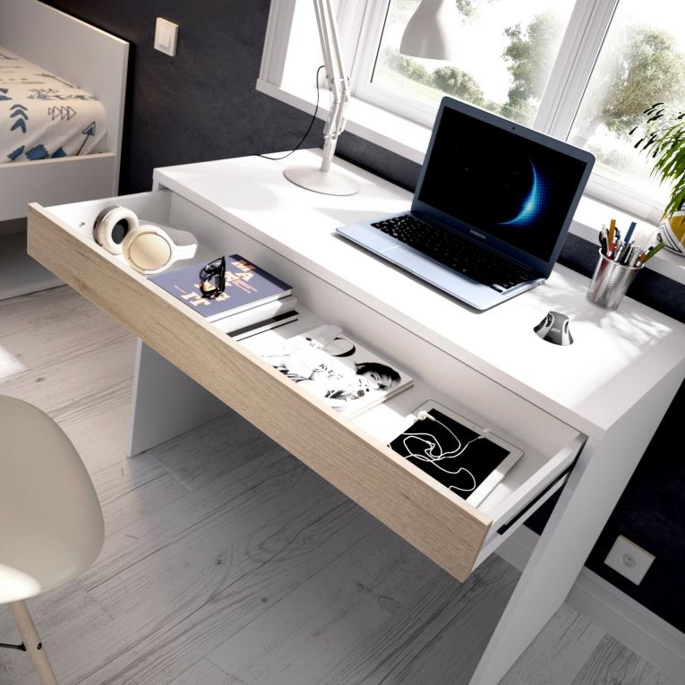 Scrivania lineare bianca e rovere 89x49cm con 1 cassetto - Affiniti