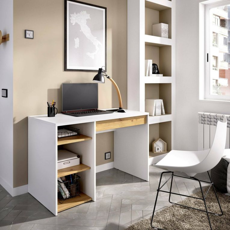 Scrivania lineare bianca e rovere nodi 110x50cm in legno - Antonello