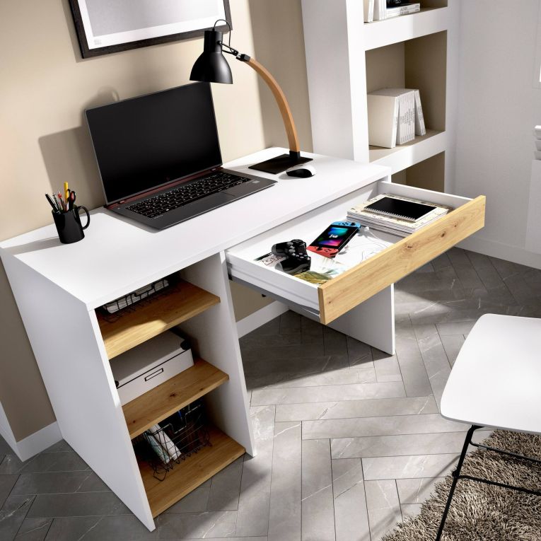 Scrivania lineare bianca e rovere nodi 110x50cm in legno - Antonello