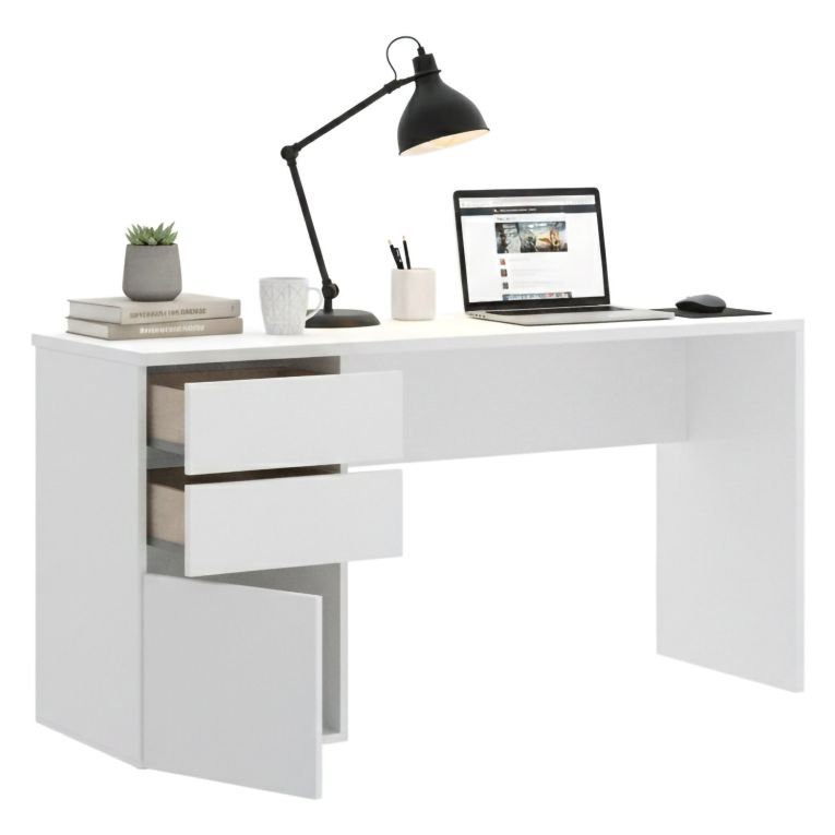 Scrivania lineare bianca lucida 139x60cm con 2 cassetti - Ardina