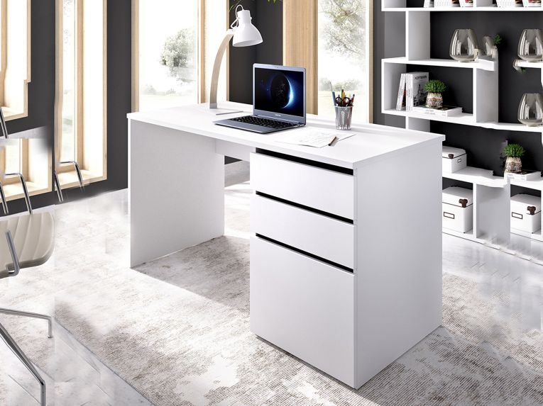 Scrivania lineare bianca lucida 139x60cm con 2 cassetti - Ardina