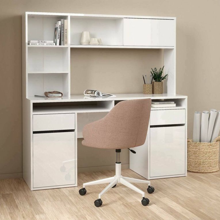 Scrivania lineare bianca lucida 149x48cm con libreria - Ambrenti