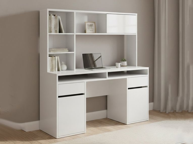 Scrivania lineare bianca lucida 149x48cm con libreria - Ambrenti