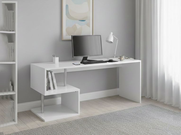 Scrivania lineare bianca lucida 180x60cm con supporto pc - Poseidone
