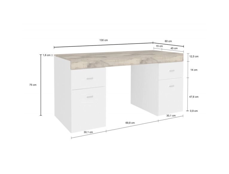 Scrivania lineare bianca lucida e acero 130x60cm con 1 cassetto - Aladdin