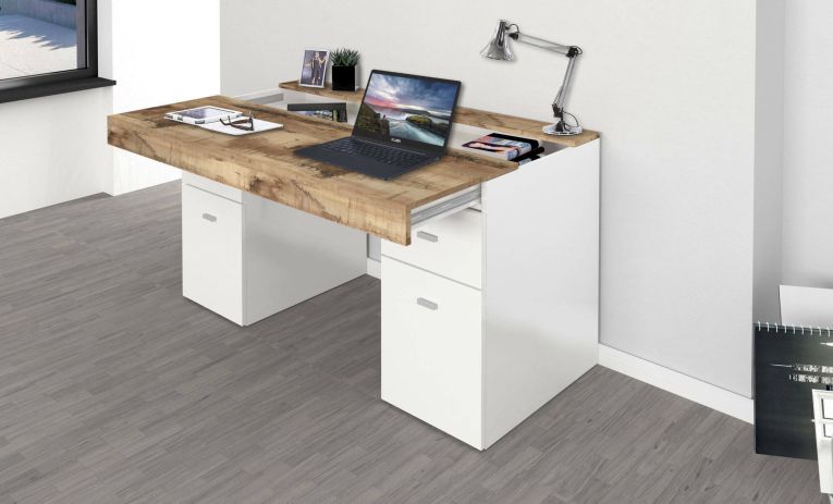 Scrivania lineare bianca lucida e acero 130x60cm con 1 cassetto - Aladdin
