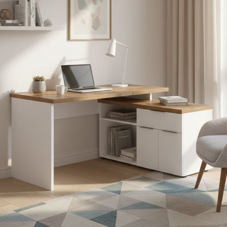 Scrivania lineare bianca lucida e rovere 140x120cm con 1 cassetto - Belpasso