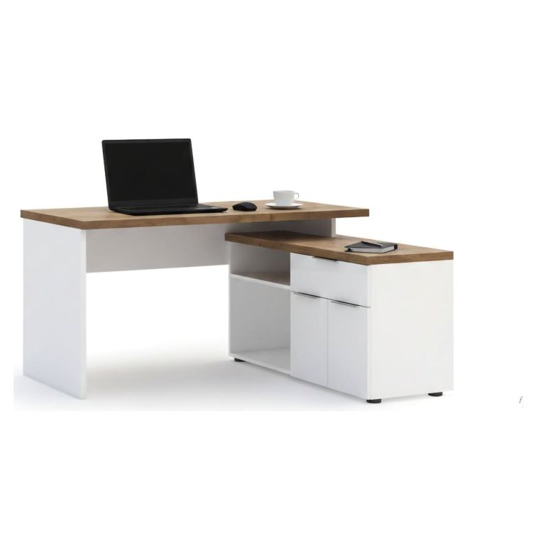 Scrivania lineare bianca lucida e rovere 140x120cm con 1 cassetto - Belpasso