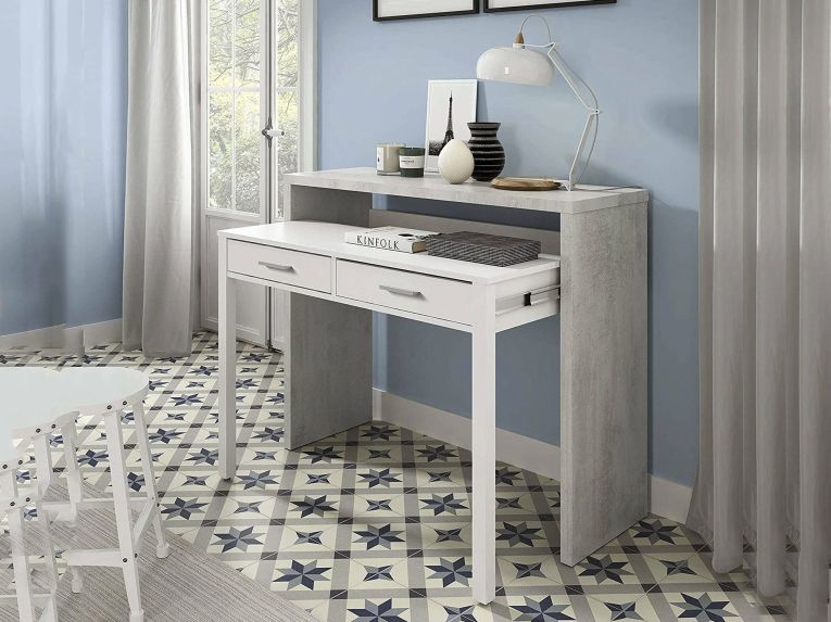 Scrivania lineare cemento e bianca 98x36cm con 2 cassetti - Andriy
