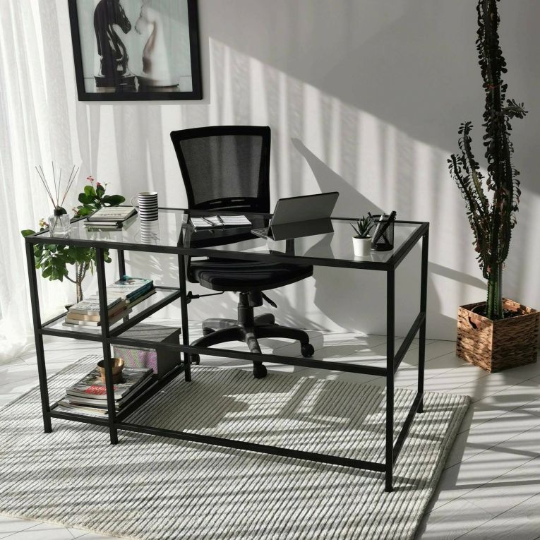 Scrivania lineare nera 130x60cm con piano in vetro - Ameglia