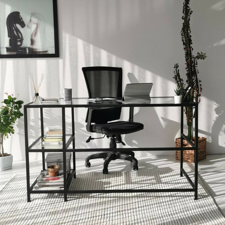 Scrivania lineare nera 130x60cm con piano in vetro - Ameglia