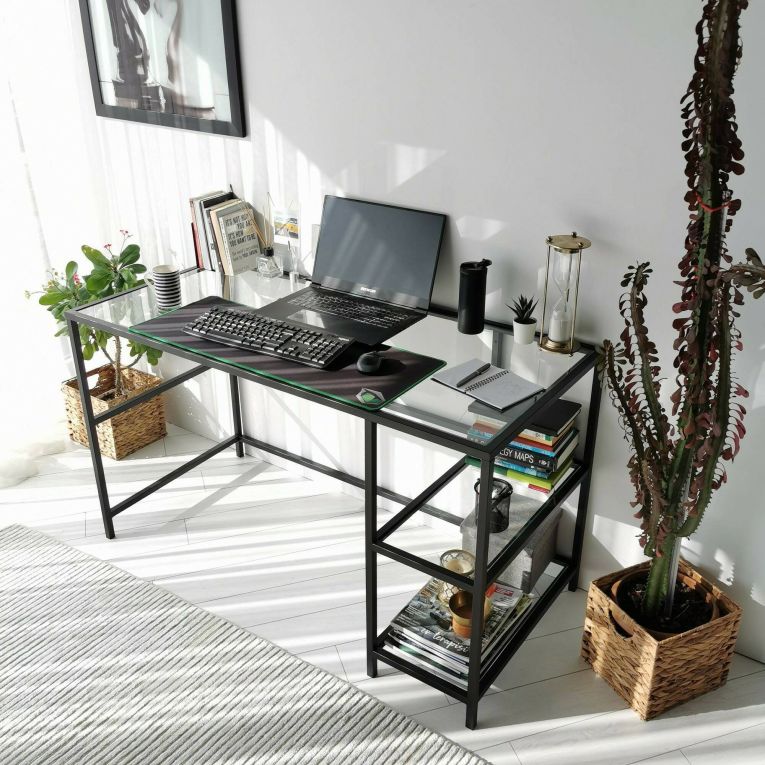 Scrivania lineare nera 130x60cm con piano in vetro - Ameglia