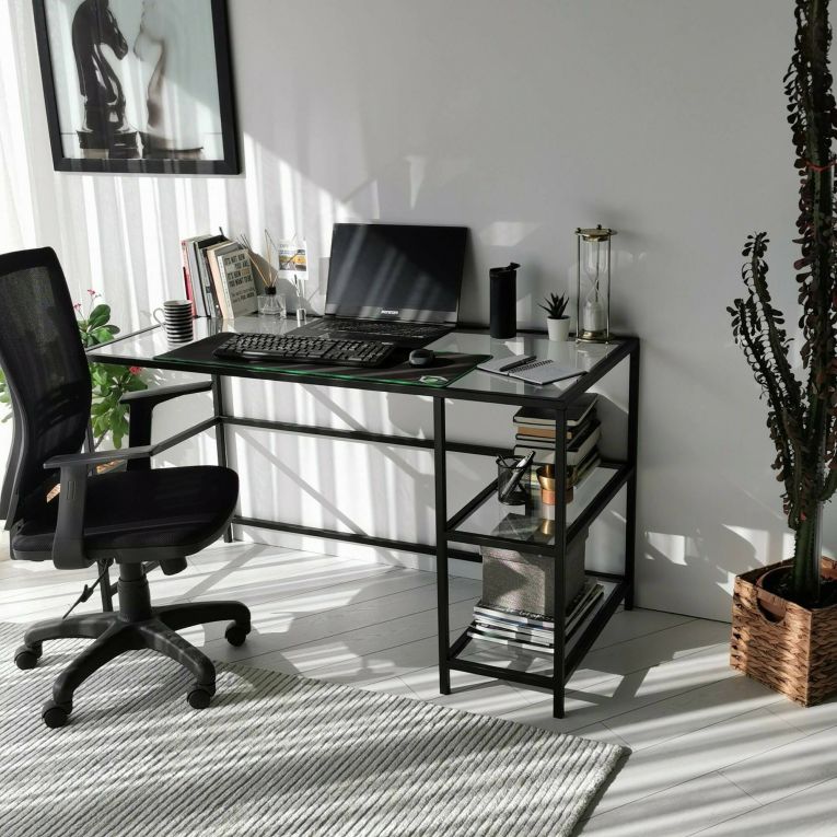 Scrivania lineare nera 130x60cm con piano in vetro - Ameglia