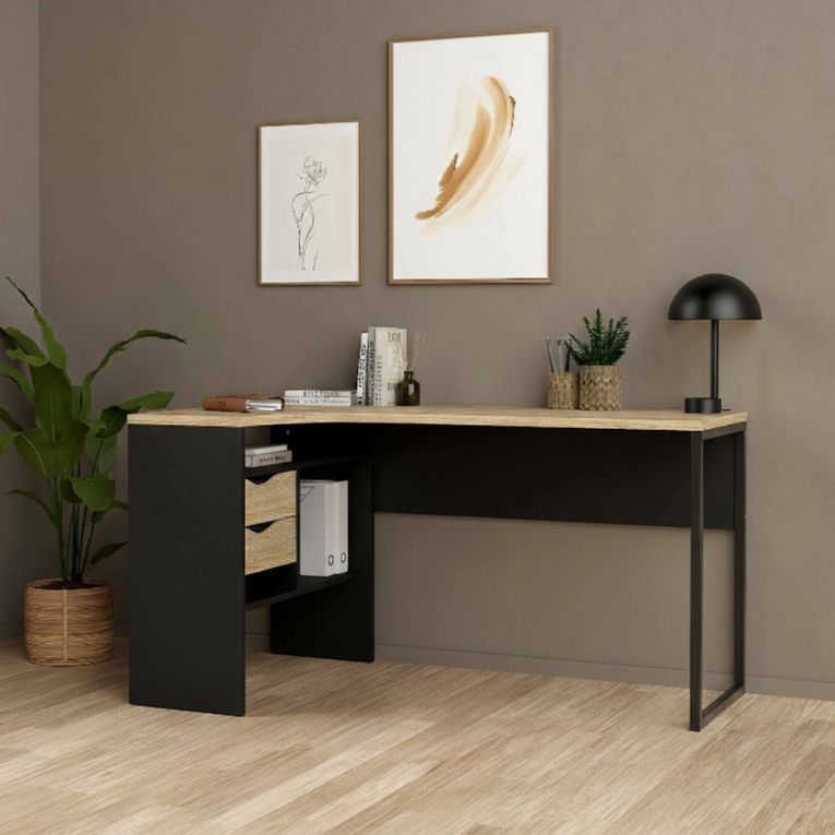 Scrivania lineare nera e quercia 145x81cm con 2 cassetti - Moire