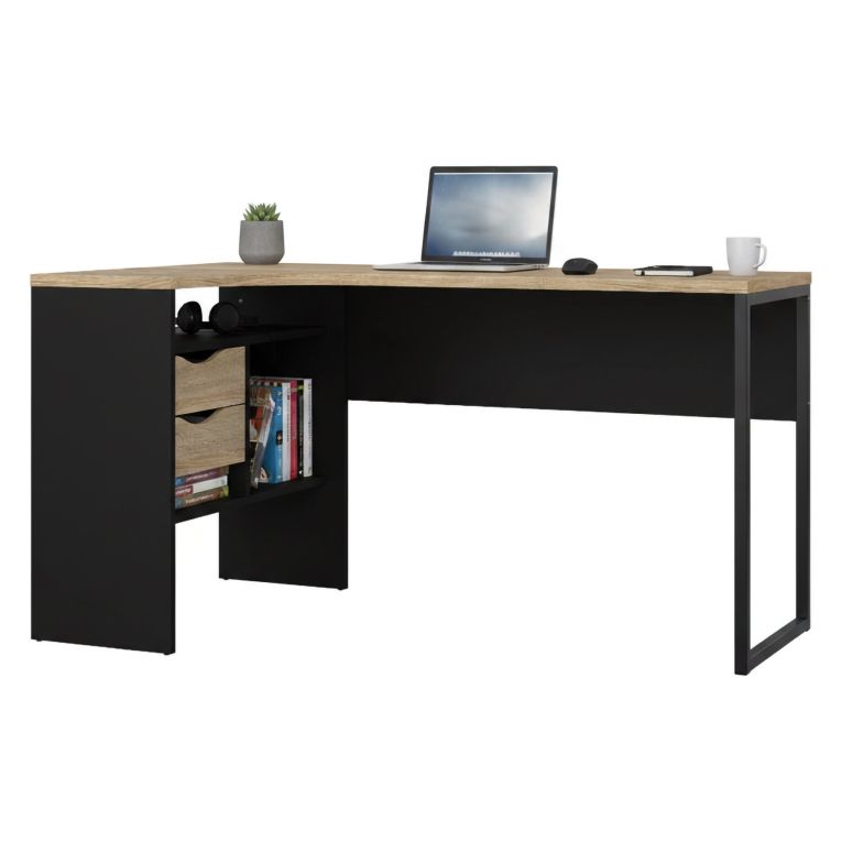 Scrivania lineare nera e quercia 145x81cm con 2 cassetti - Moire