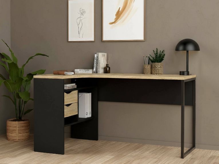 Scrivania lineare nera e quercia 145x81cm con 2 cassetti - Moire