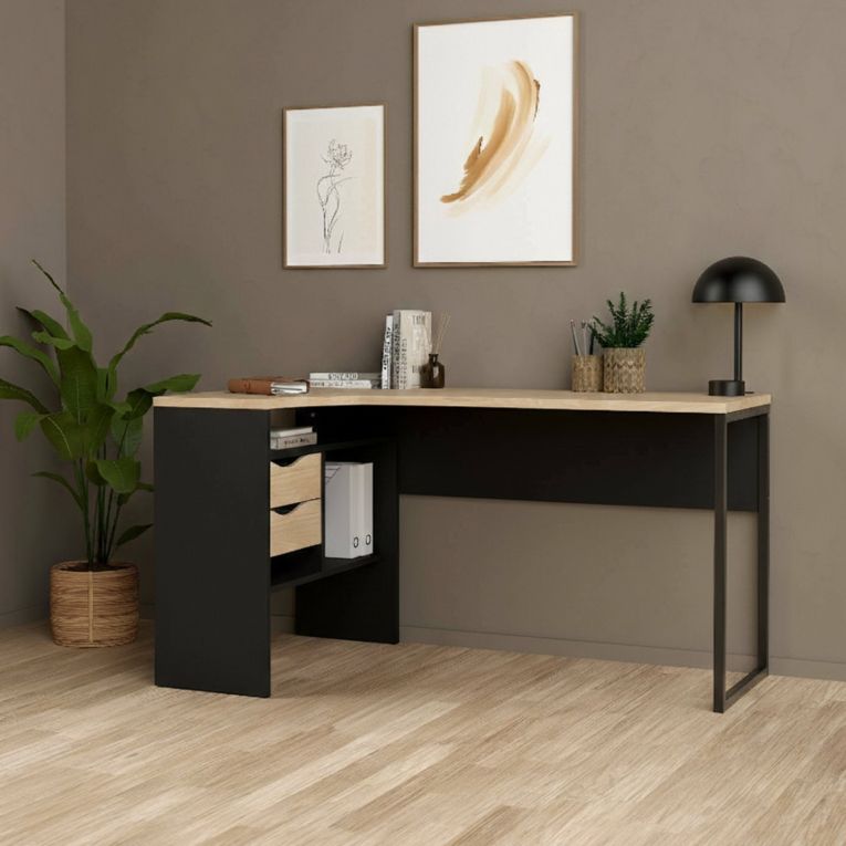 Scrivania lineare nera e rovere 145x81cm con 2 cassetti - Moire