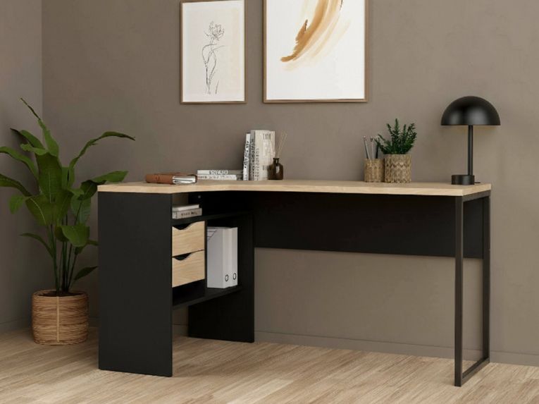 Scrivania lineare nera e rovere 145x81cm con 2 cassetti - Moire