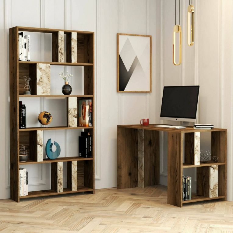 Scrivania lineare noce e bianca marmo 120x60cm con libreria - Atene