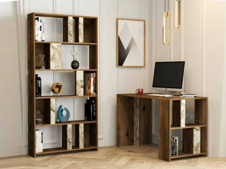 Scrivania lineare noce e bianca marmo 120x60cm con libreria - Atene