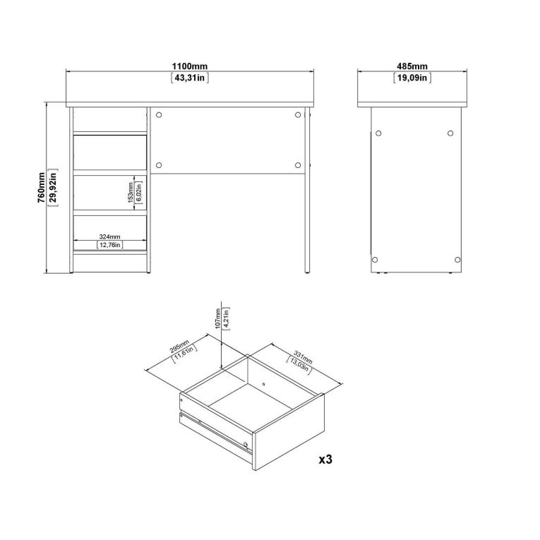 Scrivania lineare rovere 110x48cm con 3 cassetti - Huaning