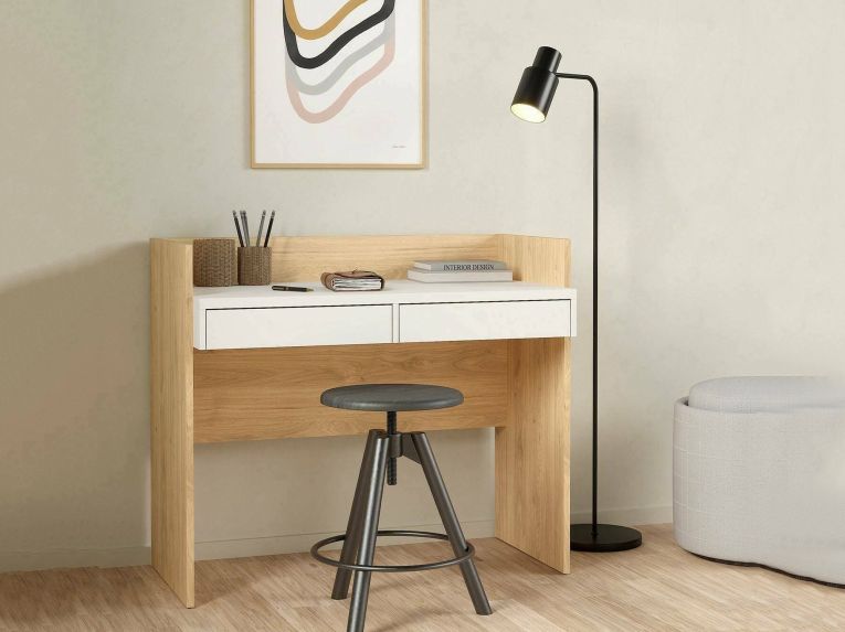 Scrivania lineare rovere e bianca 102x55cm con 2 cassetti - Antillo