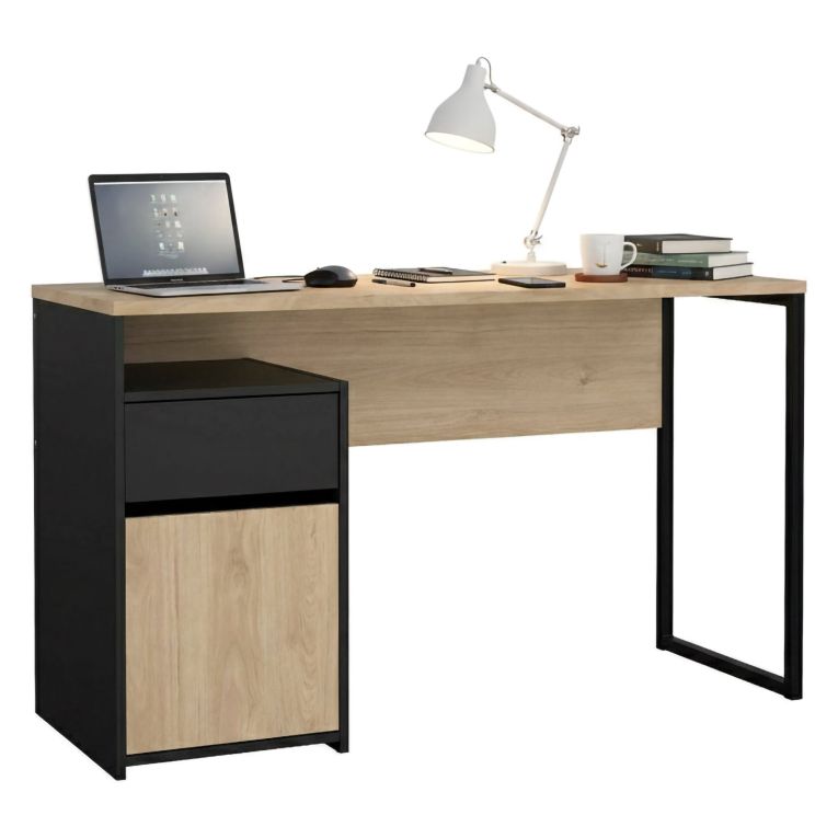 Scrivania lineare rovere e nera 130x48cm con 1 cassetto - Mele