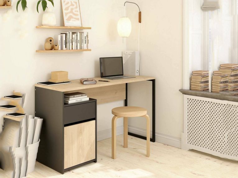 Scrivania lineare rovere e nera 130x48cm con 1 cassetto - Mele
