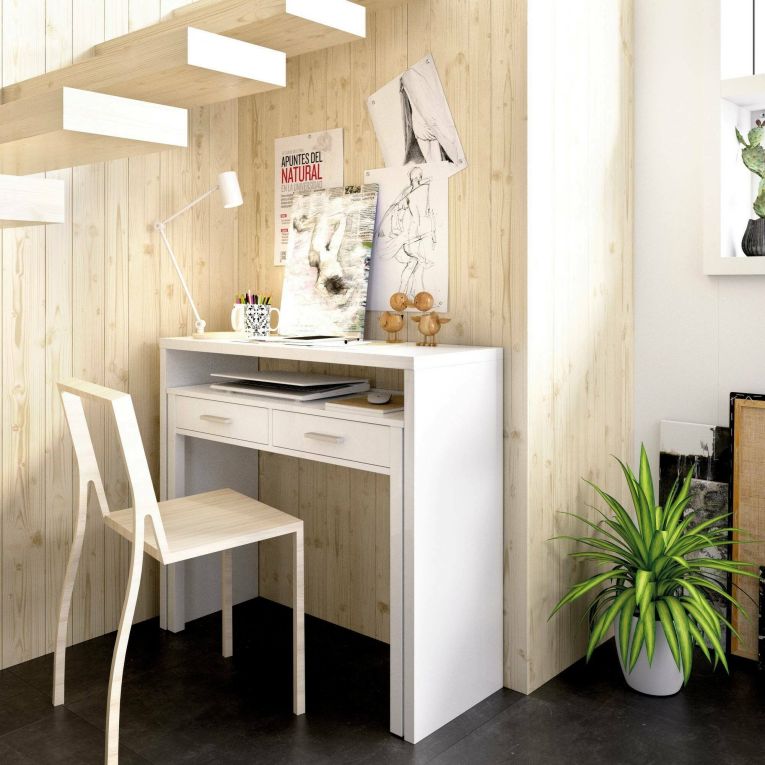 Scrivania Losetta, Scrittoio multiposizione con piano estraibile, Consolle da studio lineare con 2 cassetti, 99x70h88 cm, Bianco lucido
