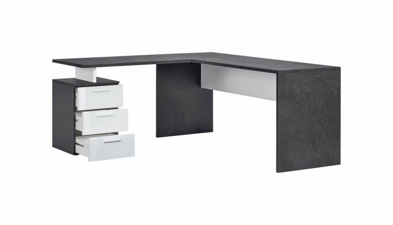 Scrivania Mark, Scrittoio angolare porta PC, Tavolo multiuso per ufficio, Scrivania salvaspazio multiposizione, 100% Made in Italy, cm 160x60h75, Ardesia e Bianco lucido