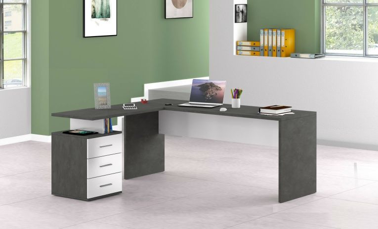 Scrivania Mark, Scrittoio angolare porta PC, Tavolo multiuso per ufficio, Scrivania salvaspazio multiposizione, 100% Made in Italy, cm 160x60h75, Ardesia e Bianco lucido