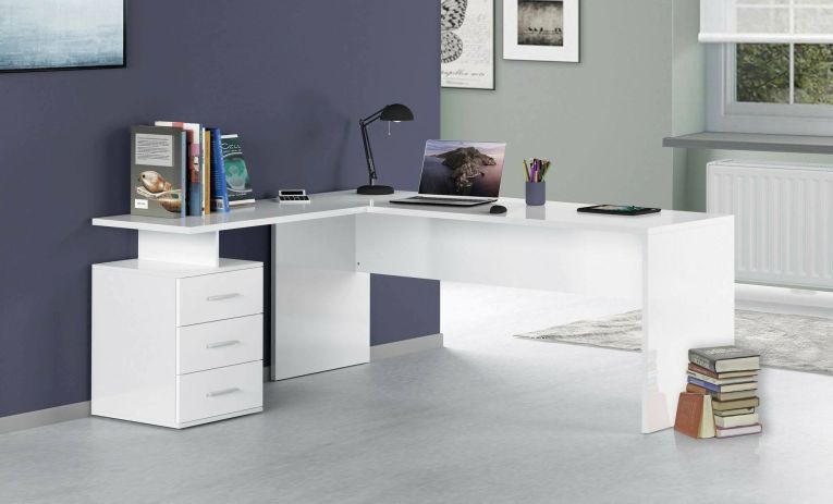 Scrivania Mark, Scrittoio angolare porta PC, Tavolo multiuso per ufficio, Scrivania salvaspazio multiposizione, 100% Made in Italy, cm 160x60h75, Bianco lucido