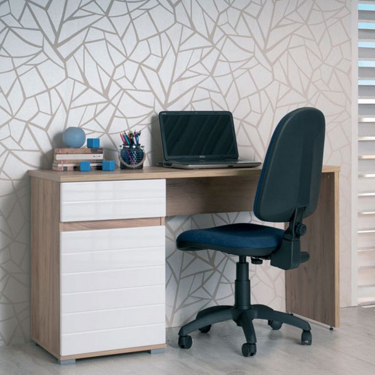 Scrivania Marrone Rovere Bianco un Cassetto un Ripiano 130x50x75.5h cm, Un'anta - Cambio