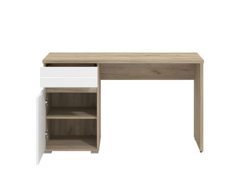 Scrivania Marrone Rovere Bianco un Cassetto un Ripiano 130x50x75.5h cm, Un'anta - Cambio