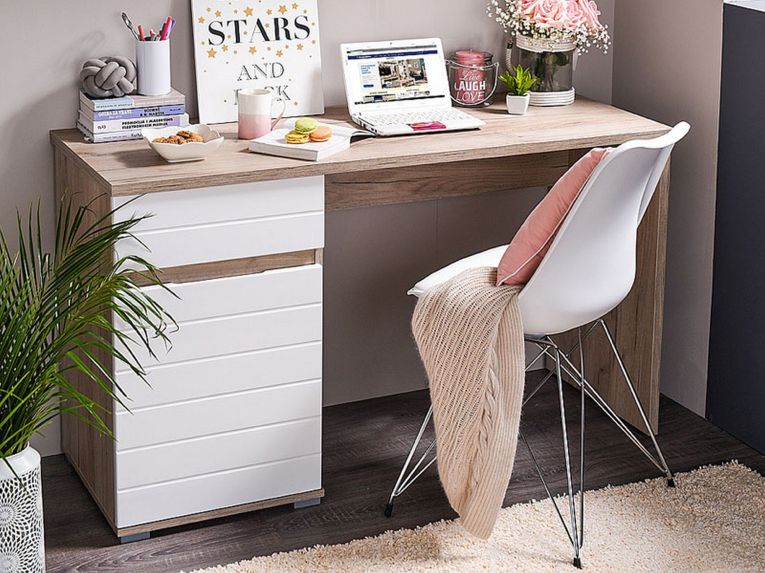 Scrivania Marrone Rovere Bianco un Cassetto un Ripiano 130x50x75.5h cm, Un'anta - Cambio