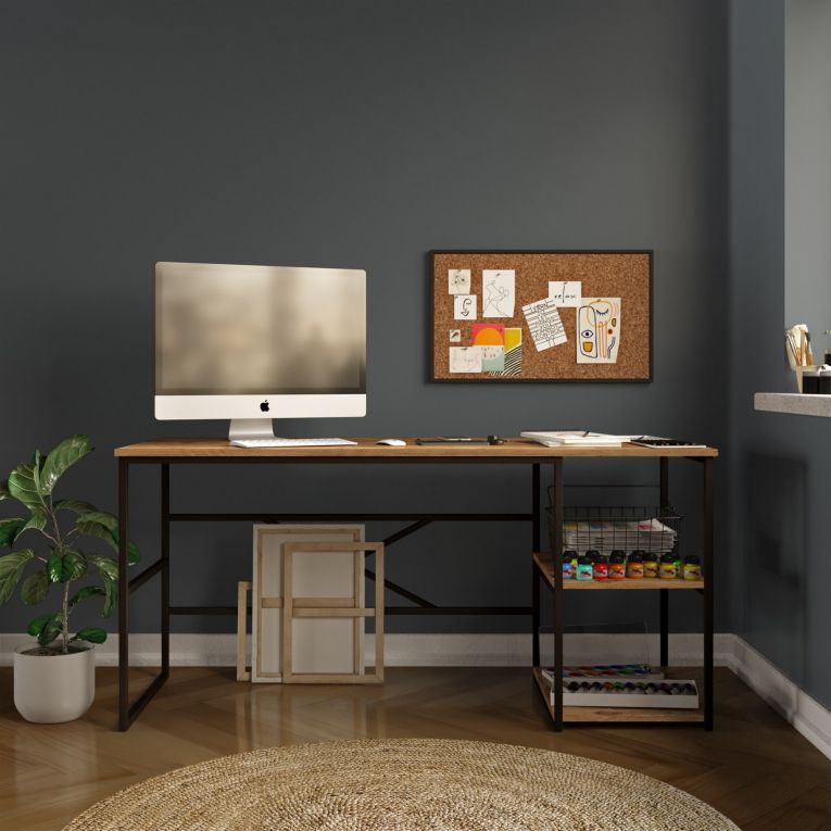 Scrivania Marrone Rovere Nero 3 Ripiani 2 Vani 160x60x75h cm, Colore Ripiano Marrone - Foppolo