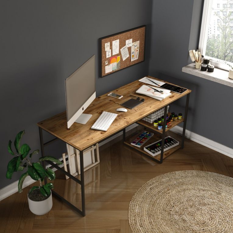 Scrivania Marrone Rovere Nero 3 Ripiani 2 Vani 160x60x75h cm, Colore Ripiano Marrone - Foppolo