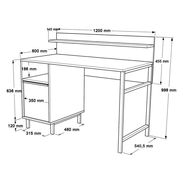 Scrivania Marrone Rovere Nero Antracite 4 Ripiani Un'anta 120x54x100h cm, 2 Vani - Brusati