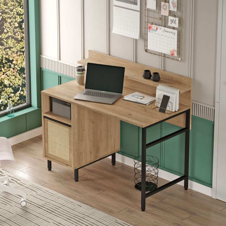 Scrivania Marrone Rovere Nero Antracite 4 Ripiani Un'anta 120x54x100h cm, 2 Vani - Brusati