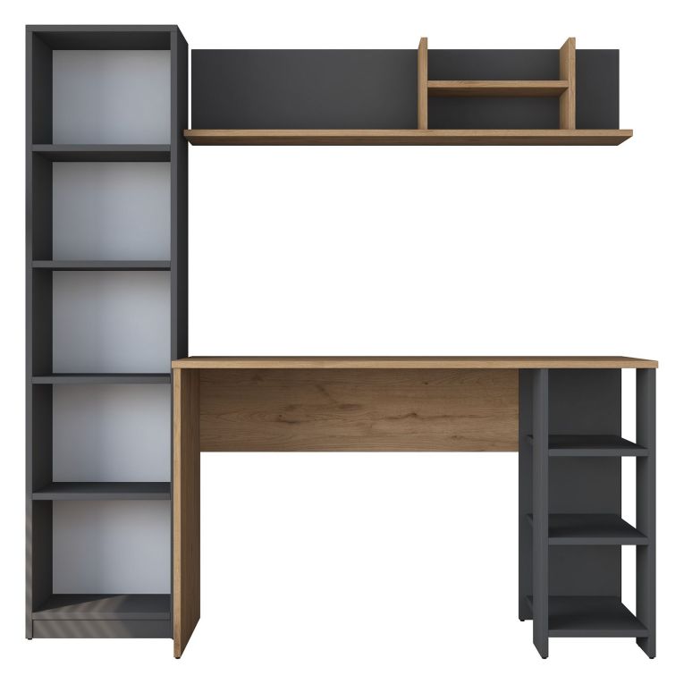 Scrivania Marrone Rovere Nero Antracite 9 Ripiani 2 Cassetti 160x45x162h cm, 7 Vani - Venetico