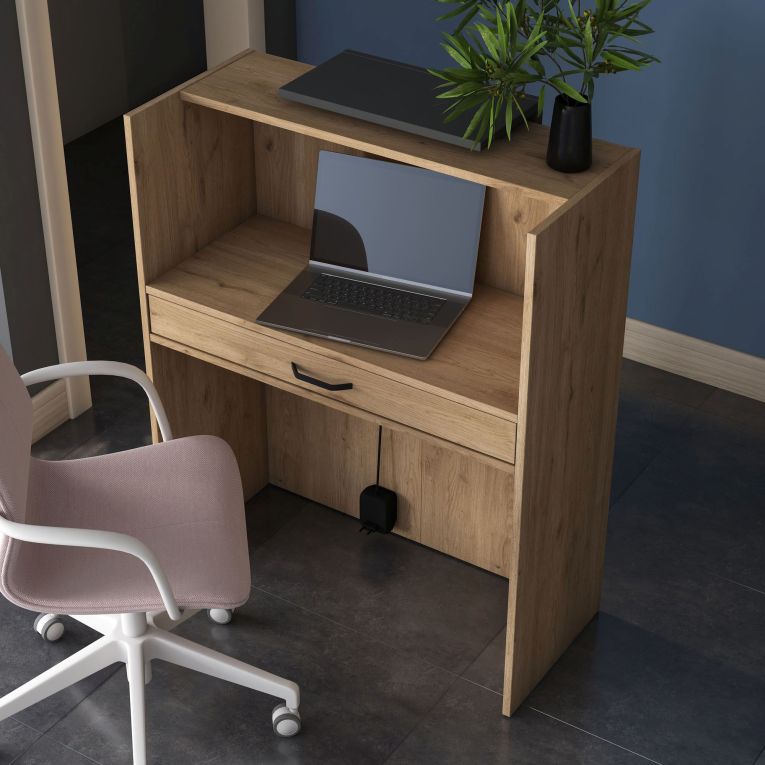 Scrivania Marrone Rovere Nero Antracite un Ripiano un Cassetto 90x40x110h cm, Banco Reception - Otricoli