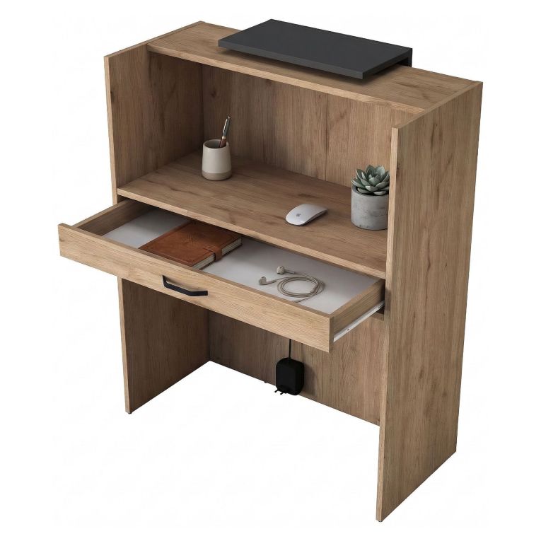 Scrivania Marrone Rovere Nero Antracite un Ripiano un Cassetto 90x40x110h cm, Banco Reception - Otricoli